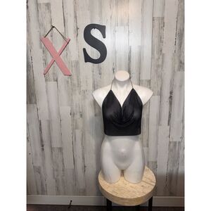 Black Rhinestone Mesh Cowl Neck Chain Backless Halter Crop Top Women's XS/S